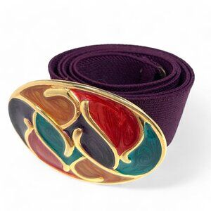 Nan Lewis 1980's Cloisonné Buckle Stretch Elastic Belt Purple, Gold, Green 34"L